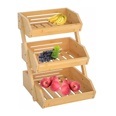 High Quality 3 Tier Fruit Basket With Banana Hanger Large Capacity Bamboo Fruit Basket