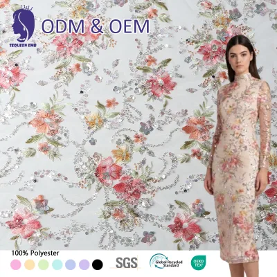 Oeko-tex Custom 3D Floral Eco-Friendly  Flat Embroidery Mesh Tulle Lace Iridescent Sequin Beaded Fabric for Bridal Wedding Dress