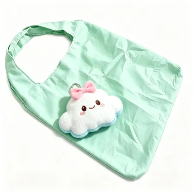 Foldable Portable Plush Nylon Bag EcoFriendly Mint Green Solid Shopping Tote Bag with Bow Cloud Plush Pendant