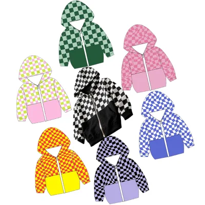 New Fashion Kids Soft Cotton Blend Zip-Up Hoodie, Checkered & Solid Color Block Design Toddler Casual Fashion Hooded Coat Top