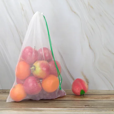 ECO-friendly Reusable Durable Grocery Fruits Packaging Custom Logo Printed Polyester Shoulder Drawstring Mesh Produce Bag