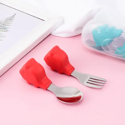 304 Stainless Steel Fork and Spoon BPA Free Baby Feeding Silicone Spoon Set Baby Spoon