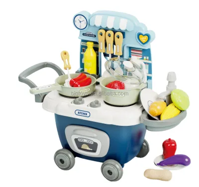 BJQ House Unisex Portable Mini Kitchen Toys Pretend Play Cooking Set Cart Lighting Music Plastic ABS Preschoolers Colour Box