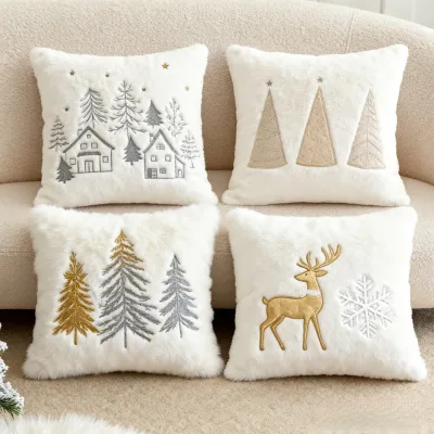 Luxury Embroidered Christmas Cushion Covers, Soft Plush Throw Pillow Cases with Gold Reindeer and Snow Tree Pattern
