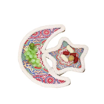 Hstyle Islamic Muslim Colorful Plate With Cotton Rope Ramadan Moon Star Plate Eid Wooden Tray for Home Dinner Table Decoration