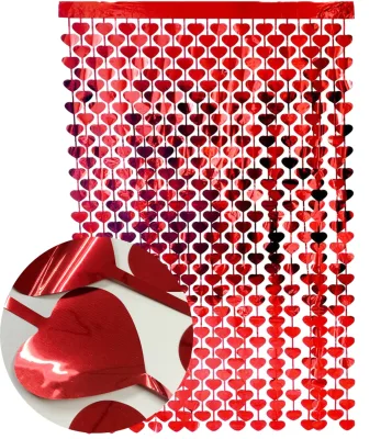 Red Heart PET Foil Fringe Backdrop Curtain for Diwali Party Environment-Friendly Decorations 1x2m