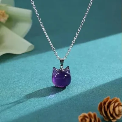 Crystal Cat Necklace for Women Natural Gemstone Cute Cat Pendant Necklace Healing Crystals Stone Necklace Jewelry Gifts