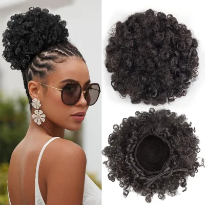 Synthetic Afro Puff Ponytail Curly Chignon Bohemian Style Drawstring Clip in Hair Extension for Black Women