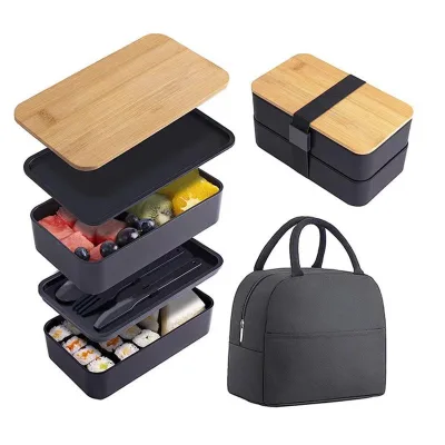 Japanese Style Bento Box Bamboo Wood Cover Wheat Straw Lunch Box Office Worker Bento Box With Knife Fork and Spoon Portable Set