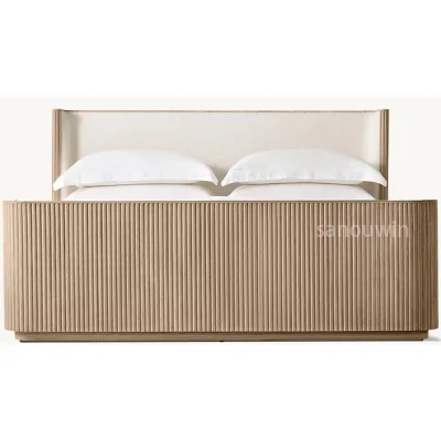 Contemporary Fluted Panel Bed with Curved Corners & Linen-Look Headboard-Eco-Friendly Modern Masterpiece