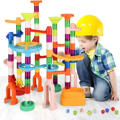 DIY Construction Marble Run Race Track Building Blocks 3D Maze Ball Roll Toys for Kids Christmas Gift Set 45-197pcs Made Plastic