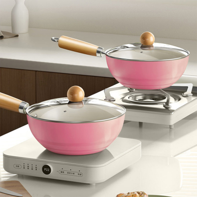 Ceramic Nonstick Frying Pan Refined Iron Sauce Pan Cooking Pot with Lid and Wooden Handle
