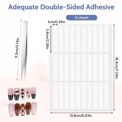 12 Sheets Double Sided Acrylic Nail Tape Clear Mounting Tape Press on Nails Nail Art Packaging Salon Supplies with Tweezers