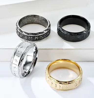 Norse Viking Rune Stainless Steel 18K Gold Plated Classic Ring Vintage Letter Engraved Band Non-tarnish Waterproof Amulet Unisex