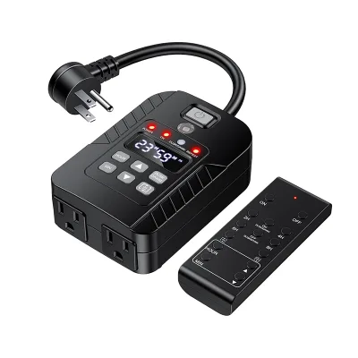 2-Gang Outdoor IP44 Digital Timer Socket Light Sensor Programmable Timing (1min-23h59m) LCD Display Dual Plug Power Switch