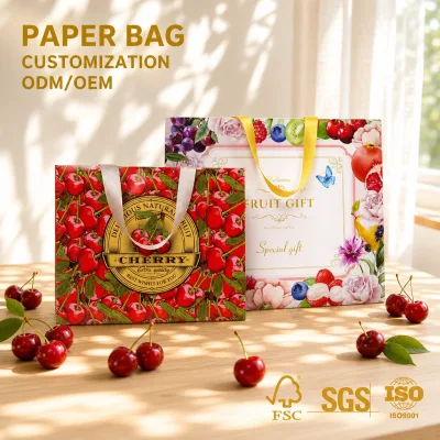 Wholesale Custom Printed Luxury Paper Gift Bag with Ribbon Handle Heavy Duty Fruit Packaging Bag for Luxury Fruit Gift Packaging