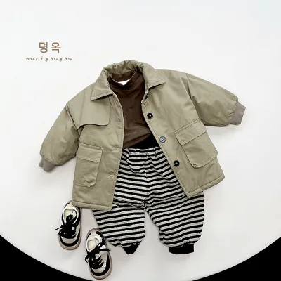 Winter New Male Female Baby Korean Version Japanese Medium Long Thick Coat Children's Woolen Trench Coat Zipper Plus Cotton