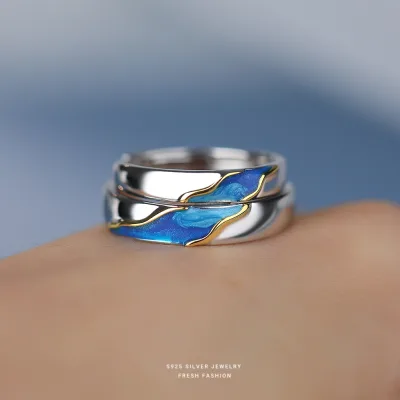 Starry Sky Versatile Couple Rings S925 Sterling Silver Blue Glitter Resin Enamel Ring Trendy Fashion  Adjustable Opening Rings