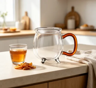 Hot Selling Hand Blown Double Layer Insulated Glass Milk Mug clear Glass Coffee Cup with Amber Handle