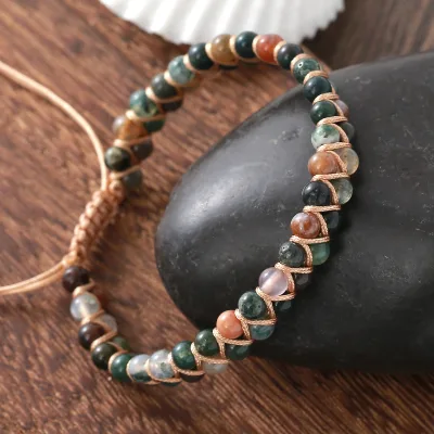 Bohemian-style 4mm Bracelet with Double-layer Natural Stones Hand-woven Pull-string Design