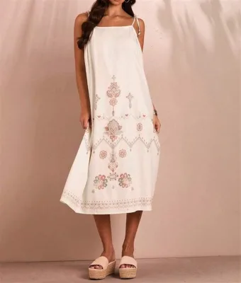 2024 Summer Sundress V-Neck Sweet Beach Dresses A-Line Loose Casual Women Elegant Midi Short Sleeveless Bohemian