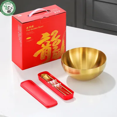 Luxurious Gold Bowl Set Comes Paired with Chopsticks & Spoon, Beautiful Packaging Box, High-end Fruit Rice Salad Serving Bowl