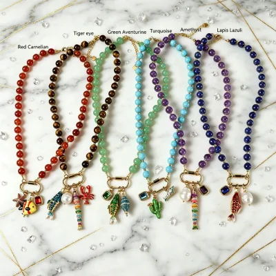 Ocean Vacation Women Clavicle Necklace Trendy Resin Round Bead Chain Starfish Fish Charms Pendant Multi Color for Beach Jewelry