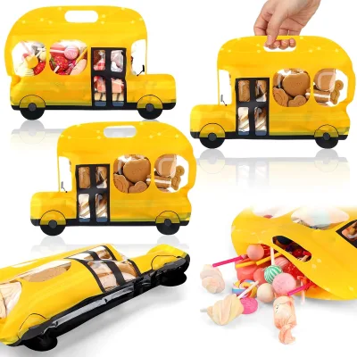 School Bus Candy Bags, Plastic Car Candies Bags | Back to School Empty Goodie Bag, Stand-Up Bottom for Party Gifts