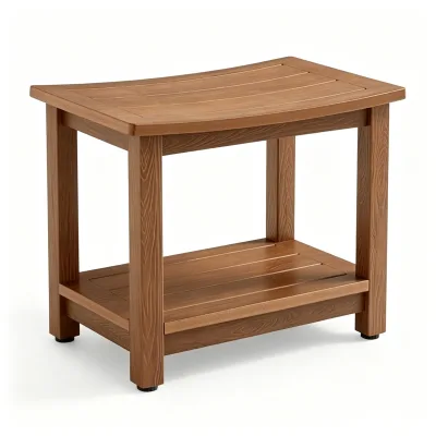 Teak Step Stool, Wooden Step Stool with Non-Slip Slotted Top and Lower Storage Shelf for Bathroom, Kitchen and Toddler Use