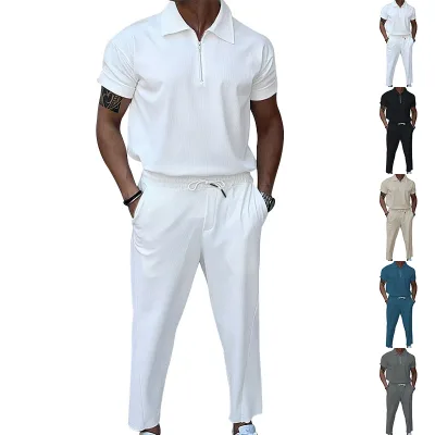 Summer New European and American Men Two Piece Set 2025 Zipper Shirts and Trouser Sets