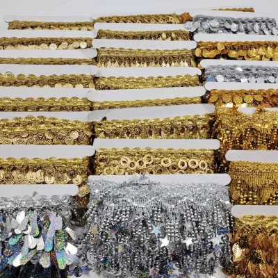 Large Quantities Gold Silver Laser-cut PET Material Applique Sequin Lace Stockethnic-style Dance Costume Accessories Embroidery