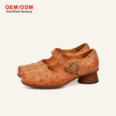 Elegant Genuine Ostrich Leather Mary Jane Flats Low Stacked Heel Buckle Strap Shoes Handcrafted Vintage Minimalist Quiet Luxury