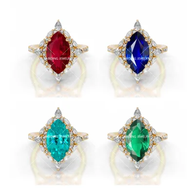 Abiding 925 Sterling Silver Light Luxury Vintage Regal Style Marquise Cut Halo Lab-Grown Colored Gemstone Ring for Women