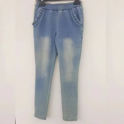 Girls Sweet Style Soft Jeans Pants Breathable Cotton Crocheted Leggings with Stone Wash for Kids Pencil Silhouette Trousers