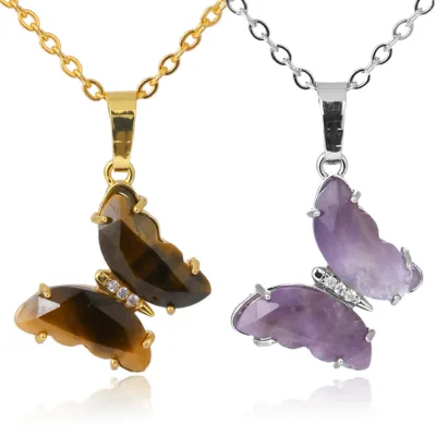 Womens Gold Natural Gem Stone Butterfly Pendant for Jewelry Making Girls