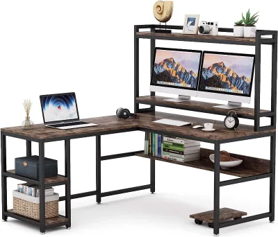 Home Office Furniture L Shaped Rotating Standing Computer Desk With Storage Shelf