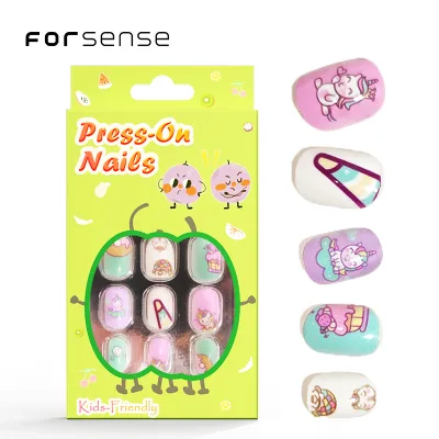 bulk wholesale top cute press on nails for kids pastel colors cartoon fake nails kit children play unicorn designs false nails
