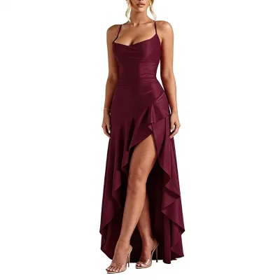 Spaghetti Strap Satin Bridesmaid Dress, High Slit Ruffle Cocktail Evening Gown Wedding Guest Wholesale Custom
