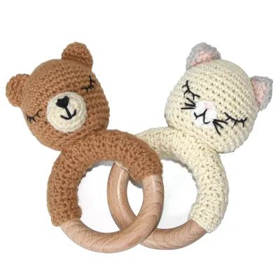 Cotton Animal Rattle Baby Toys Wooden Rattle Toddler Lovely Crochet Bear Ring Rattle for Baby and Infant Soothing Toy