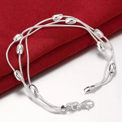 Hand Made Silver Plated Tiny Rice Beaded Bracelet 20cm Snake Chain Bracelet