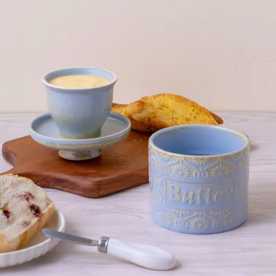 Retro Relief Embossed Ceramic Butter Crock Butter Cup Household Food Storage Jar for Breakfast Bread Butter Serving