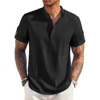 Men's Mandarin Collar Henley Shirt - Short Sleeve with Roll-Up Cuff & Half Button, Breathable Casual Summer Top