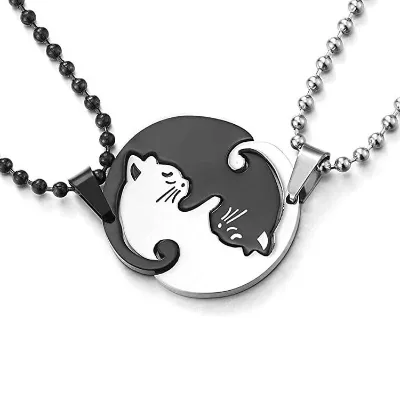 Two Splice Cats Couple Heart Necklace Stainless Steel Black Silver Color Cat Pet Matching Pendants Necklaces Lovers Jewelry Gift