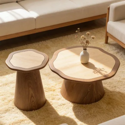 Wood Nesting Coffee Table Set, Irregular Flower Shape Solid Wood Side Table, Modern Wabi Sabi Round Coffee Table for Living Room