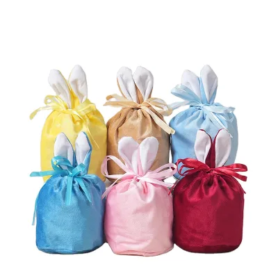 Wowei Easter Ribbon Drawstring Small Gift Velvet Bag Velvet Easter Bunny Ears Pouch Bag Logo Printed Easter Rabbit Ear Sweet