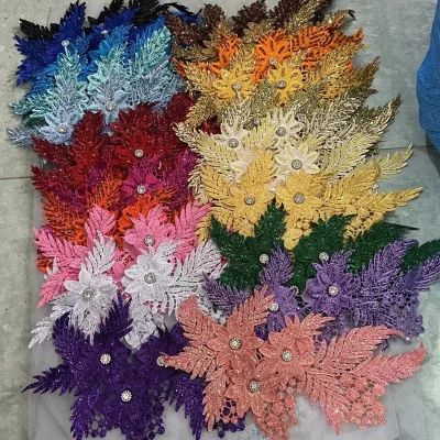 Beaded 3D Flowers Sequin Rhinestone Fabric Water-soluble Embroidery Modern Style Gold-silver Powder Double