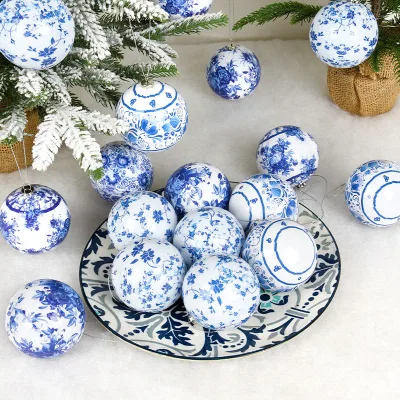 Blue White 75mm Memory Ball Porcelain Ornament High Quality Paper Hanging Ornaments for Christmas Window Scene Tree Decorations