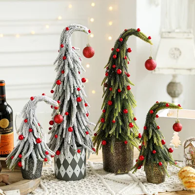 New-style Green Crooked-trunk Plastic Artificial Christmas Tree Snow Mini Potted Plant Red Berries Small Desktop Indoor Ornament