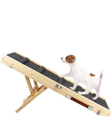 Foldable Collapsible Wooden Dog Cat Ladder Non Slip Adjustable Portable Pet Stairs Hook Loop Closure Simple Classic Indoor Use