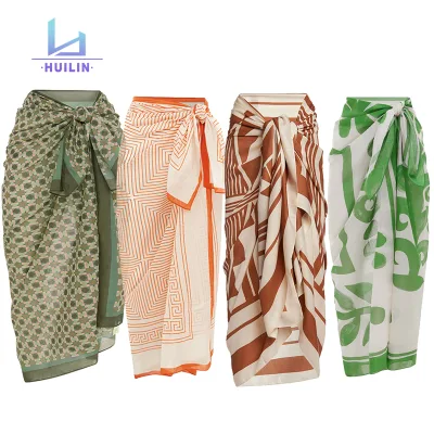 OEM Factory Sheer Mesh Rayon Summer Sunscreen Women Custom logo Floral Print Boho Sarong Cover up Beachwear Beach Pareo